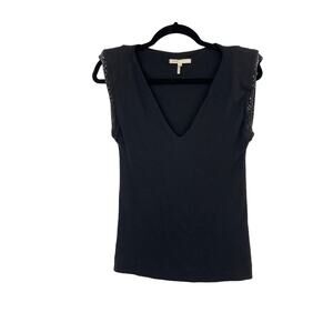 Maje Blouse Womens Medium Top Sleeveless V-Neck Top Black Padded Shoulder